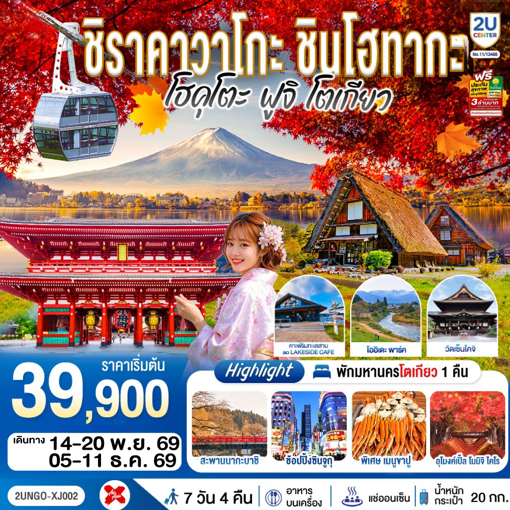 ทัวร์ญี่ปุ่น ชิราคาวาโกะ ชินโฮทากะ โฮคุโตะ  ฟูจิ โตเกียว  7วัน 4คืน (XJ)